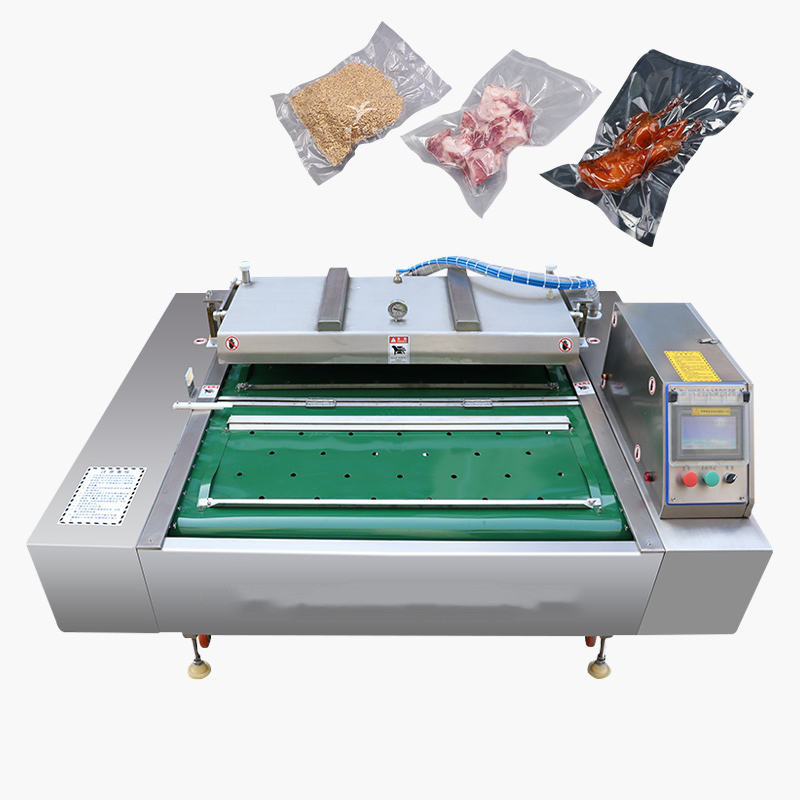 Automatic Meat Fish Chicken Case Food Bag Continuous Rolling Belt Type Vacuum Packaging Machine