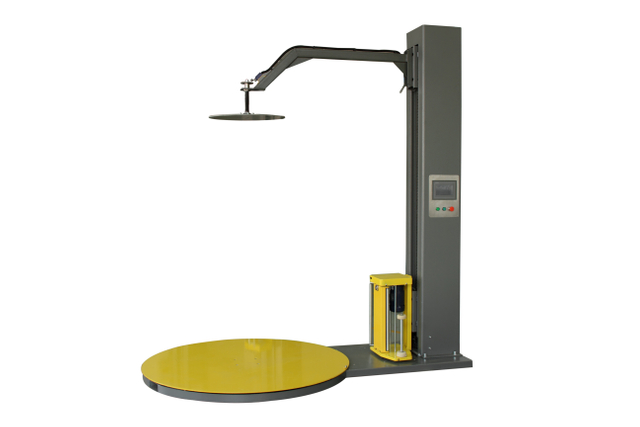  Factory warehouse electronics wooden case Pre-stretch pallet wrapping machine with top press 