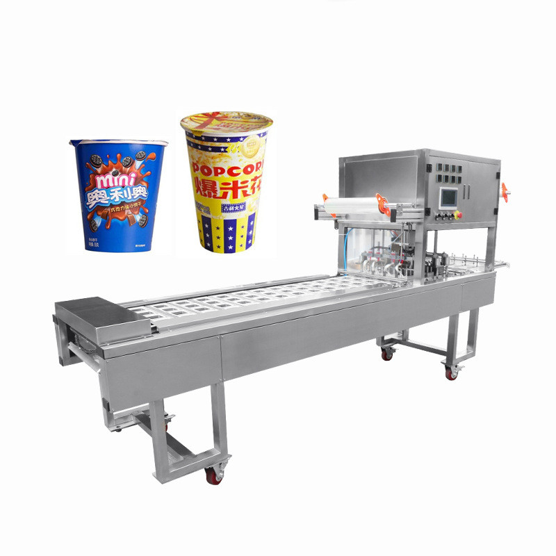 Automatic Continuous Snack Food Popcorn Potato Chips Paper Cup Bowl Filling Sealing Machine for Beverage Juice Milk Yogurt 