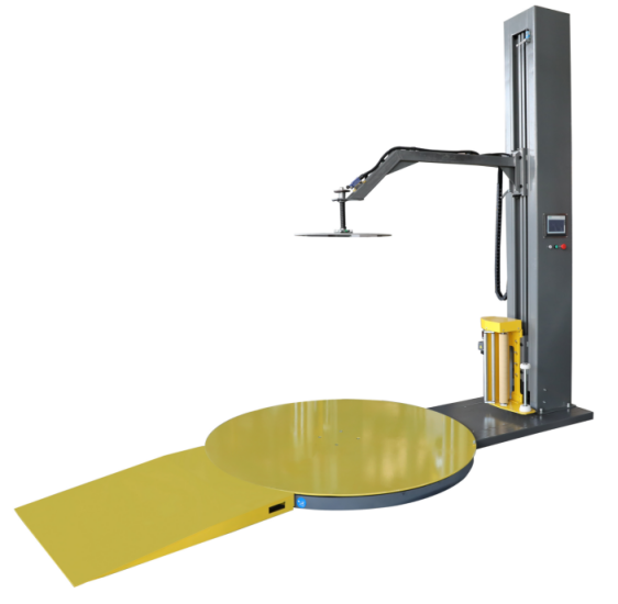  Factory warehouse electronics wooden case Pre-stretch pallet wrapping machine with top press 