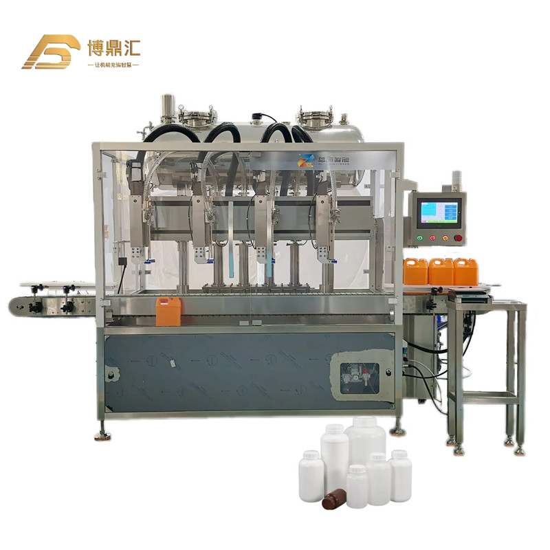 Liquid packaging line handling foaming products